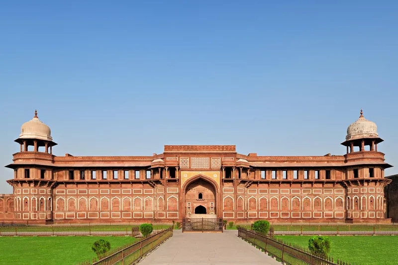 The red sandstone facade of Jahangiri Mahal inside Agra Fort