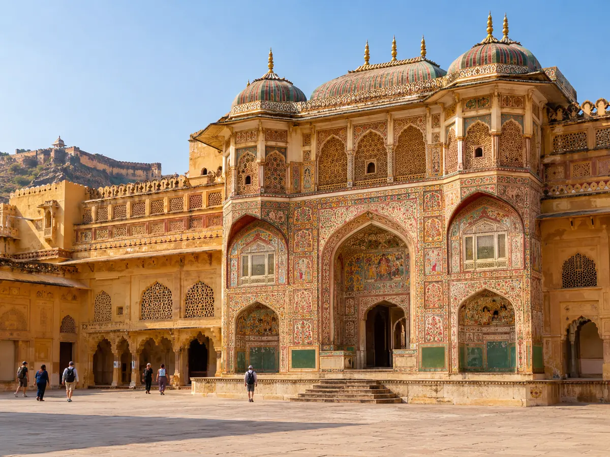 The painted Ganesh Pol gateway in the courtyard of Amber Fort, Jaipur